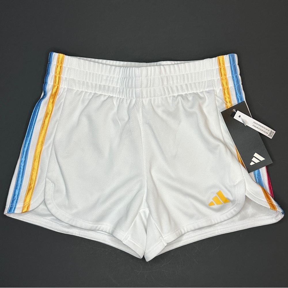 Adidas Girls Size Small White Athletic Shorts Rainbow Stripes Summer Activewear